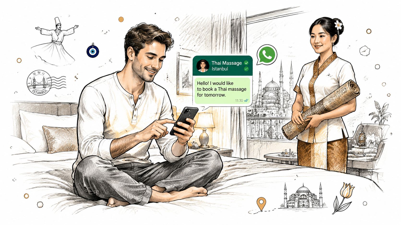 A man sitting on a bed booking a Thai massage in Istanbul via a mobile messaging app.