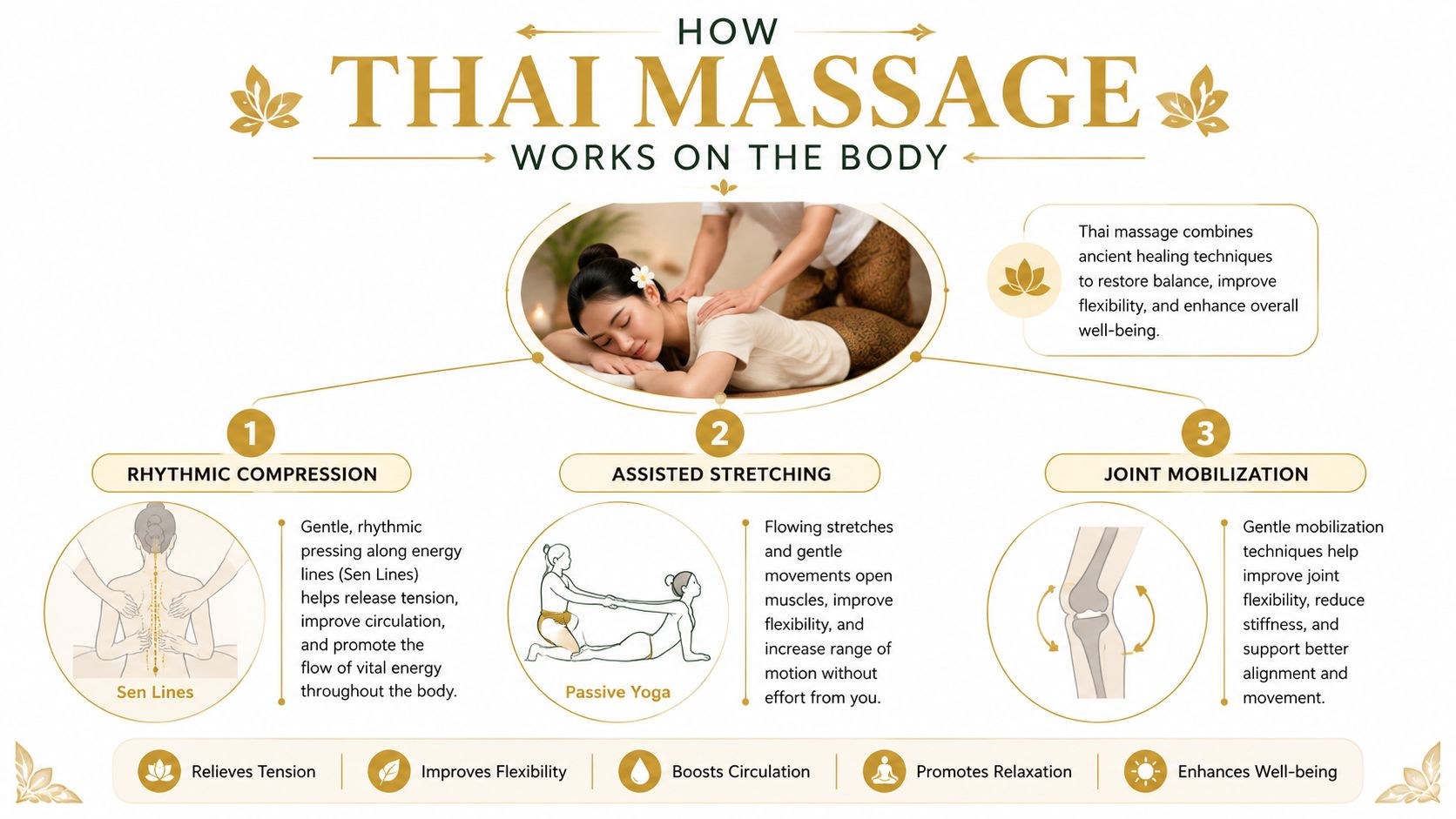 An infographic detailing how Thai massage uses rhythmic compression, assisted stretching, and joint mobilization to improve well-being.